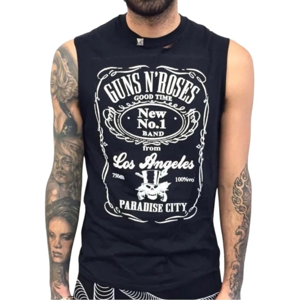 Guns N’ Roses Black and White Paradise City Cut Off Cotton T-Shirt size Small